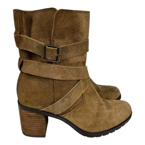 Clarks Malvet Doris Brown Suede Boots 8.5 Moto Buckle Stacked Heel Ankle Fall - Picture 3 of 7
